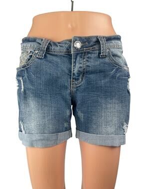 Red Rivet Blue Embroidered Distressed Cuffed Low Rise Mom Denim Jeans Shorts S